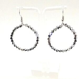 Silver Crystal Bead Hoop Earrings Silver Tone Fish  Hook Ear Wires